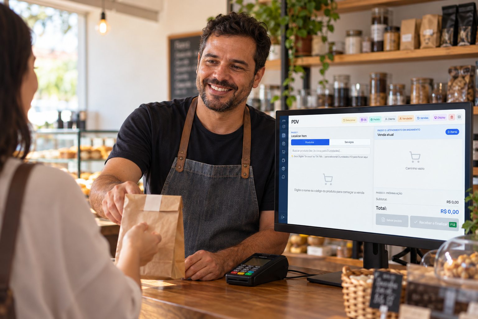 Comerciante utilizando um sistema de ponto de venda